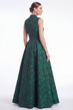 A-Line Green Flower Jacquard V-Neck Long Mother Of the Bride Dress