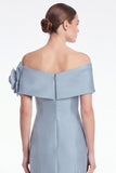 Dusty Blue Satin Off the Shoulder Mermaid Long Mother Of the Bride Dress with 3D Flower