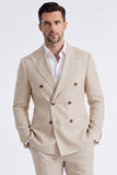 Beige 2 Piece Double Breasted Peak Lapel Men's Suits