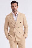 Beige 2 Piece Double Breasted Peak Lapel Men's Suits