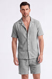 Men's 2 Piece Knit Summer Outfits Casual Short Sleeve Cuban Collar Shirt and Shorts Set