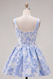 A-Line Blue Pearls Jacquard Square Neck Corset Homecoming Dress