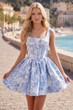 A-Line Blue Pearls Jacquard Square Neck Corset Homecoming Dress