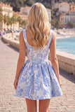 A-Line Blue Pearls Jacquard Square Neck Corset Homecoming Dress