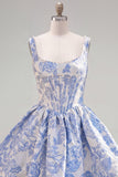 A-Line Blue Pearls Jacquard Square Neck Corset Homecoming Dress