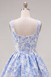A-Line Blue Pearls Jacquard Square Neck Corset Homecoming Dress