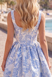 A-Line Blue Pearls Jacquard Square Neck Corset Homecoming Dress
