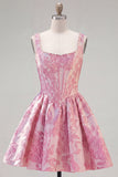 A-Line Blue Pearls Jacquard Square Neck Corset Homecoming Dress