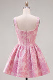 A-Line Blue Pearls Jacquard Square Neck Corset Homecoming Dress