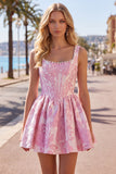 A-Line Blue Pearls Jacquard Square Neck Corset Homecoming Dress