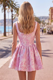 A-Line Blue Pearls Jacquard Square Neck Corset Homecoming Dress
