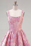 A-Line Blue Pearls Jacquard Square Neck Corset Homecoming Dress