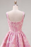 A-Line Blue Pearls Jacquard Square Neck Corset Homecoming Dress