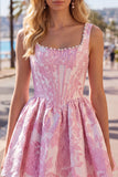 A-Line Blue Pearls Jacquard Square Neck Corset Homecoming Dress