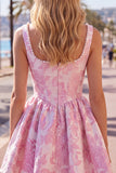 A-Line Blue Pearls Jacquard Square Neck Corset Homecoming Dress