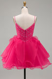 A-Line Hot Pink Rhinestone Ruffle Short Homecoming Dress with Beading