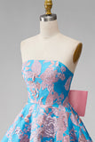 Blue Jacquard A-Line Strapless Short Homecoming Dress with Bow