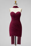 Burgundy Ruched Strapless Bodycon Chiffon Short Homecoming Dress with Draped Neck Sash