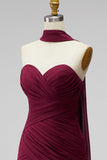 Burgundy Ruched Strapless Bodycon Chiffon Short Homecoming Dress with Draped Neck Sash