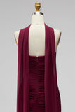 Burgundy Ruched Strapless Bodycon Chiffon Short Homecoming Dress with Draped Neck Sash