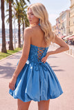 A-Line Dark Blue Strapless Beaded Corset Homecoming Dress with 3D Flower