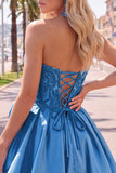 A-Line Dark Blue Strapless Beaded Corset Homecoming Dress with 3D Flower