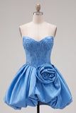 A-Line Dark Blue Strapless Beaded Corset Homecoming Dress with 3D Flower