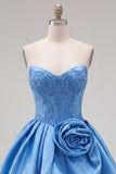 A-Line Dark Blue Strapless Beaded Corset Homecoming Dress with 3D Flower
