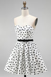 White Polka Dot A-Line Strapless Short Homecoming Dress with Bow Sash