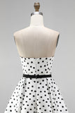 White Polka Dot A-Line Strapless Short Homecoming Dress with Bow Sash