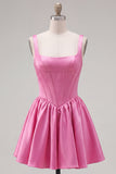 A-Line Fuchsia Square Neck Corset Satin Homecoming Dress
