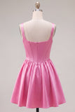 A-Line Fuchsia Square Neck Corset Satin Homecoming Dress
