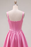 A-Line Fuchsia Square Neck Corset Satin Homecoming Dress