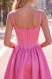 A-Line Fuchsia Square Neck Corset Satin Homecoming Dress