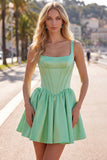 A-Line Fuchsia Square Neck Corset Satin Homecoming Dress