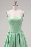 A-Line Fuchsia Square Neck Corset Satin Homecoming Dress