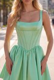 A-Line Fuchsia Square Neck Corset Satin Homecoming Dress
