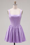 A-Line Fuchsia Square Neck Corset Satin Homecoming Dress