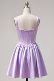 A-Line Fuchsia Square Neck Corset Satin Homecoming Dress