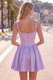 A-Line Fuchsia Square Neck Corset Satin Homecoming Dress