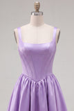 A-Line Fuchsia Square Neck Corset Satin Homecoming Dress