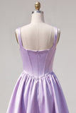 A-Line Fuchsia Square Neck Corset Satin Homecoming Dress