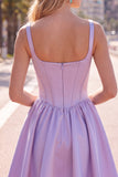A-Line Fuchsia Square Neck Corset Satin Homecoming Dress