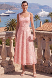 Green A-Line Square Neck Beaded Midi Floral Dress with Lace Up Back