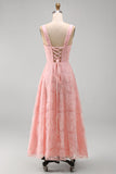 Green A-Line Square Neck Beaded Midi Floral Dress with Lace Up Back