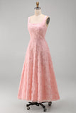 Green A-Line Square Neck Beaded Midi Floral Dress with Lace Up Back