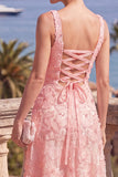 Green A-Line Square Neck Beaded Midi Floral Dress with Lace Up Back