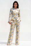 Yellow Flower 2 Piece Round Neck Single Breasted Jacquard Women Suits