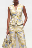 Yellow Flower 2 Piece V-Neck One Button Jacquard Women Suits