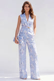 2 Piece Blue Shawl Lapel One Button Jacquard Floral Women Suits